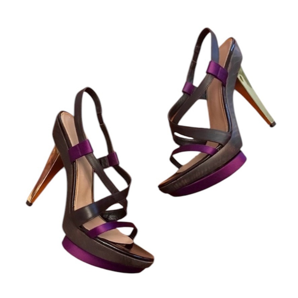 Boss Hugo Boss Purple Satin + Black Faux Leather Platform Heels (EU39 / US9)